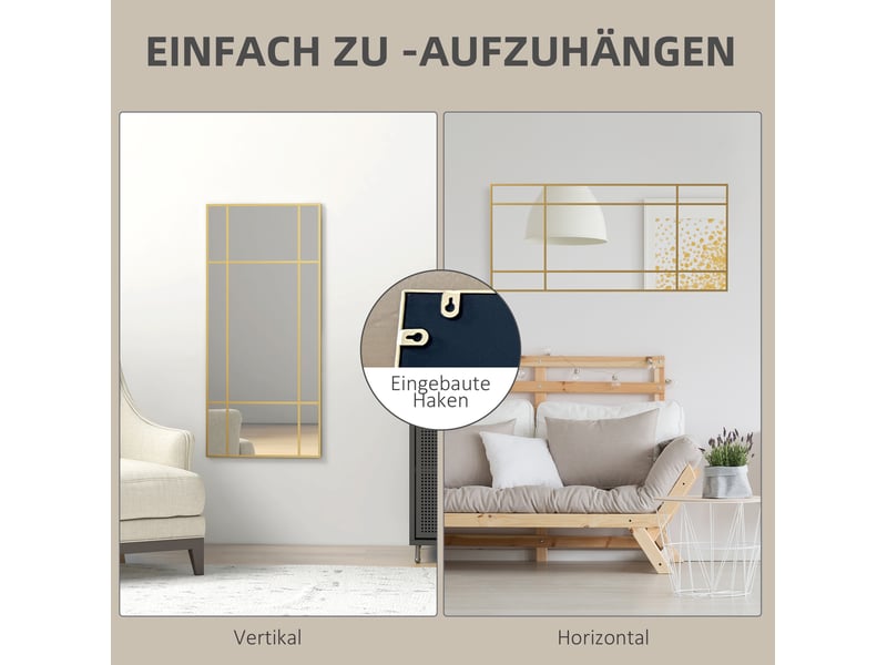 Miroir mural rectangulaire 110 x 50 cm – doré – cadre métallique quadrillé, pose verticale ou horizontale - Conforama E