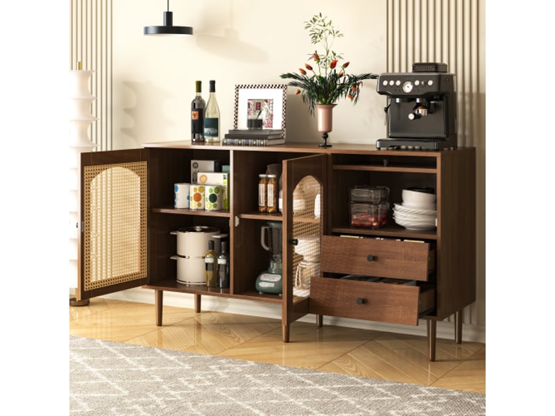  Buffet style campagne avec portes en rotin, 130 x 75,5 x 40 cm, étagères réglables, fermeture magnétique  - Conforama E