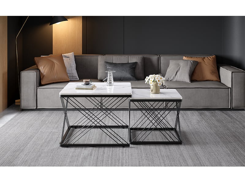 Ensemble de 2 tables basses carrées 60x60x45 cm et 45x45x40 cm blanc effet marbre brillant mdf avec pieds réglables support 30 kg evarich - Conforama B