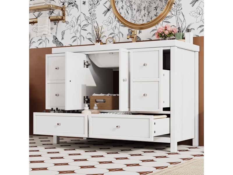  Vasque de salle de bain blanche 120x50x86.5 cm avec quatre tiroirs silencieux portes doubles soft-close et lavabo en résine intégré  - Conforama B