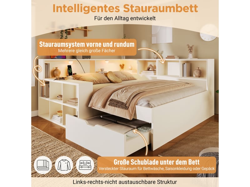  Lit double 140x190 avec rangement en bois blanc, ports usb type-c et liseuse intégrée, étagères et tiroirs  - Conforama E