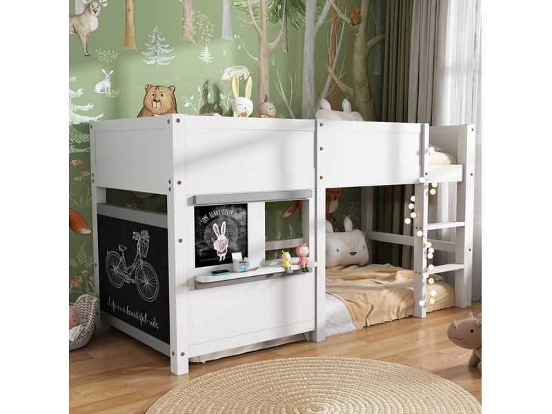  Lit mezzanine 90x200cm avec espaces de rangement, échelle à 3 échelons, barrières de sécurité, bois blanc, sans matelas  - Conforama C