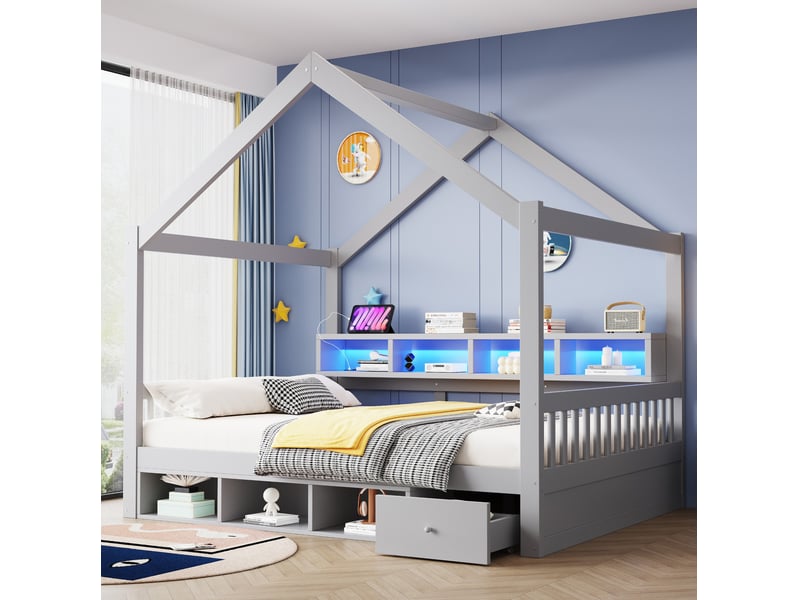  Lit à cadre en forme de toit 140x200 cm avec rangements, bois et mdf gris, sans matelas  - Conforama B