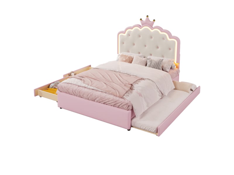  Lit gigogne 140x200cm coloris rose led pu lit enfant rose - Conforama A