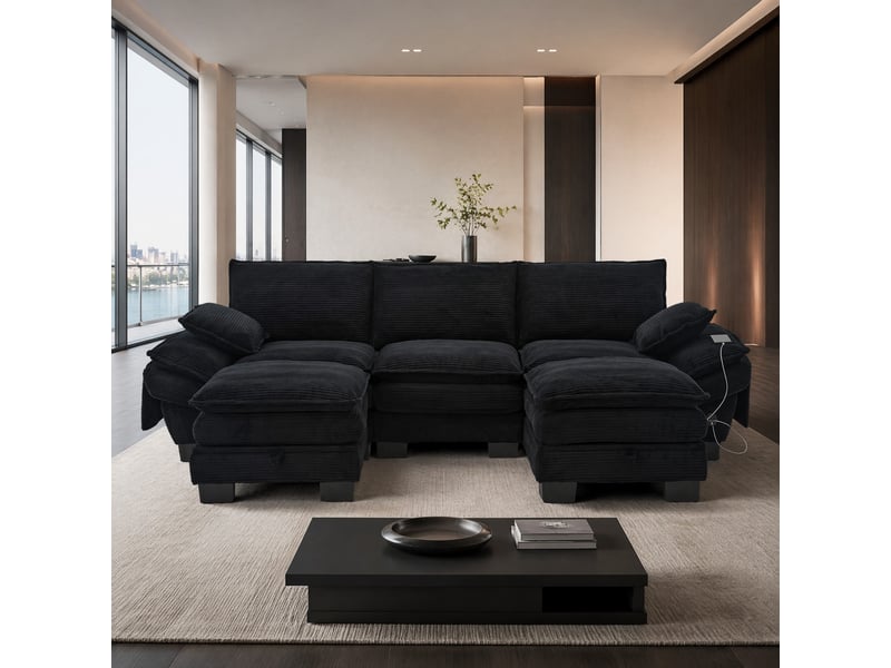  Canapé modulable 3 places en velours côtelé noir avec 2 poufs, port usb-c et poches latérales  - Conforama B