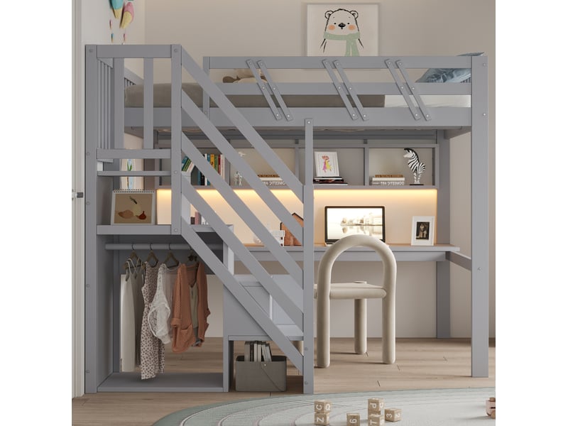 Lit mezzanine 140x200 cm avec bureau, escalier de rangement et led coloris gris - Conforama B
