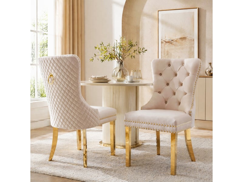  Lot de 2 chaises de salle à manger en velours beige et doré  - Conforama D