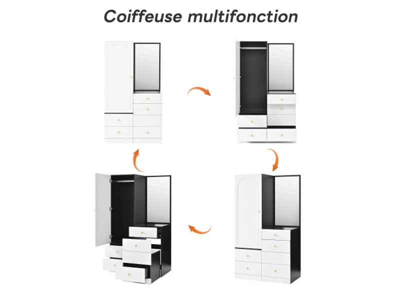 Garde-robe-coiffeuse mdf multifonction avec tabouret coulissant, miroir, tiroirs maquillage, poignées rondes en fer  - Conforama E