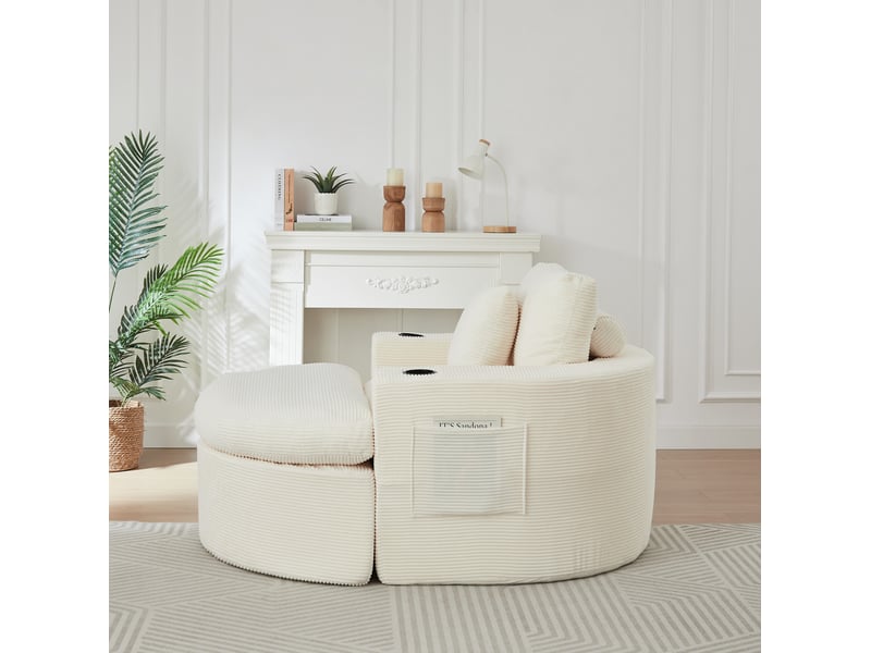 Fauteuil lounge rond 1 place avec repose-pieds et porte-gobelet, velours côtelé beige - Conforama E
