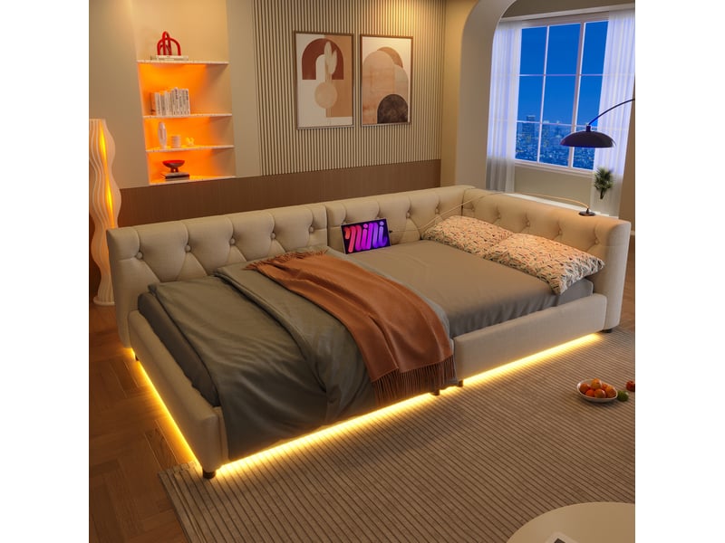  Lit enfant 90x200 cm, éclairage led 7 couleurs, port usb-c, tête de lit à boutons, lin beige, moderne, sans matelas  - Conforama D