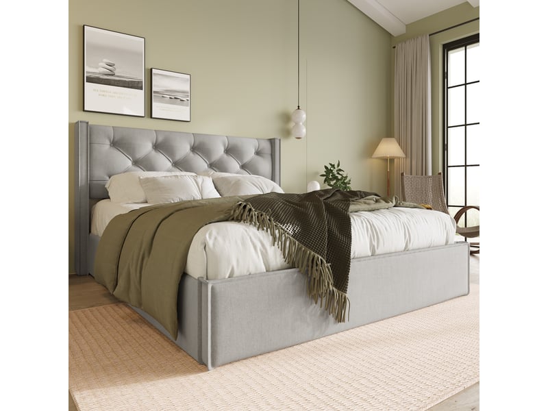  Lit 2 personnes 140x200 cm avec matelas, lit adulte avec sommier à lattes métalliques, gris clair, lit double hydraulique  - Conforama D