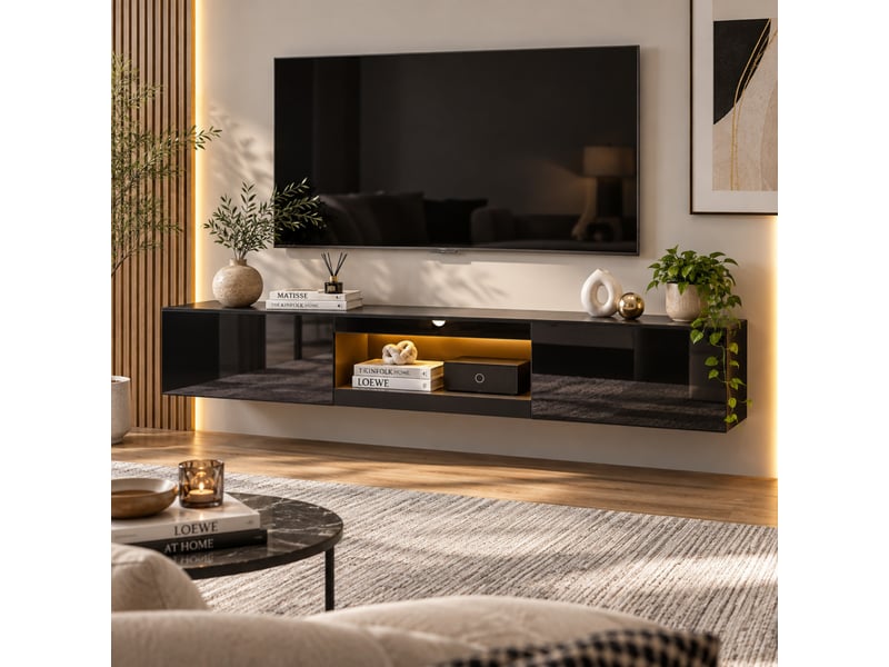 Meuble tv mural noir brillant avec led, 2 portes abattantes et rangement suspendu, pour tv jusqu’à 70 pouces  - Conforama D