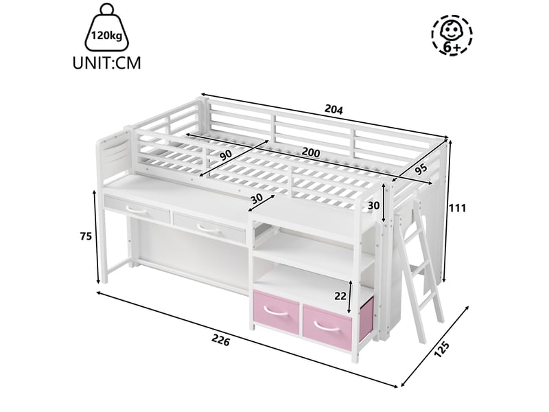 Lit mezzanine enfant 90x200 avec bureau et rangement homvra - Conforama E
