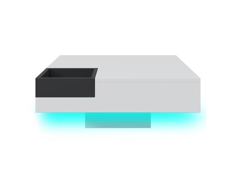  Table basse, table de salon laquée brillante, table d'appoint avec coffre de rangement amovible, color block blanc et noir, 72 x 72 x 30 cm, avec éclairage led.  - Conforama A
