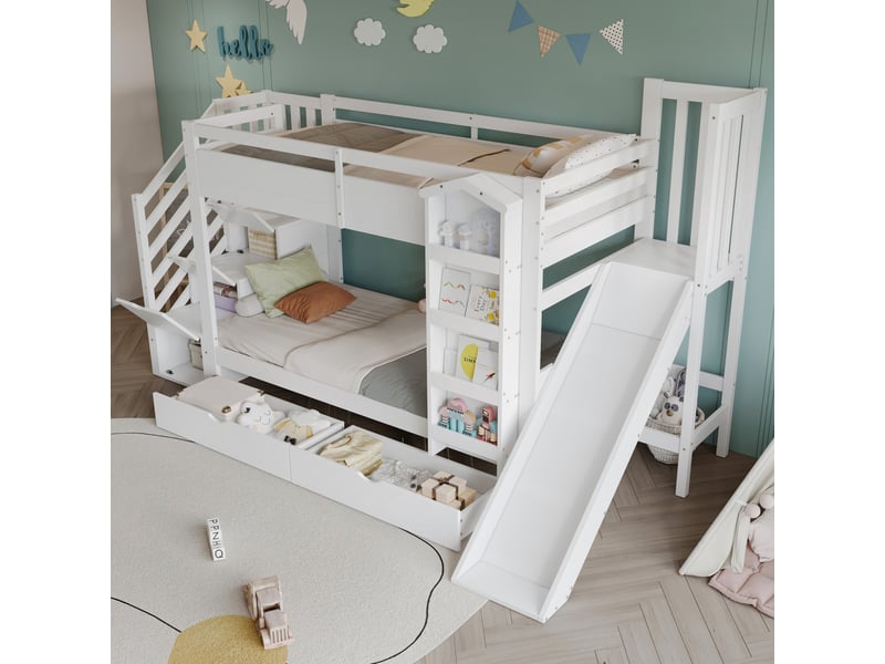  Lit superposé enfant 2 × 90 × 200 cm avec toboggan, escalier rangement et 2 tiroirs, blanc IKSETERA TRADING LTD - Conforama B