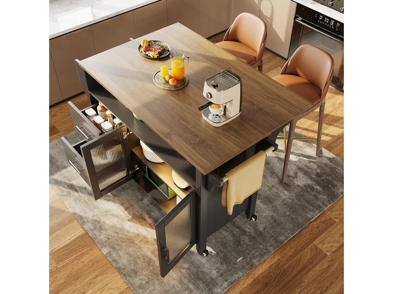  Îlot de cuisine noir avec plateau rabattable, portes en verre changhong, éclairage led intégré et porte-serviettes latéral  - Conforama E