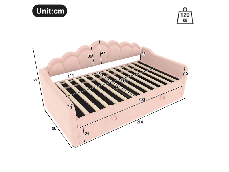  Lit coffre enfant 90x200cm avec éclairage led multicolore, design ondulé, velours, rose, sans matelas  - Conforama D