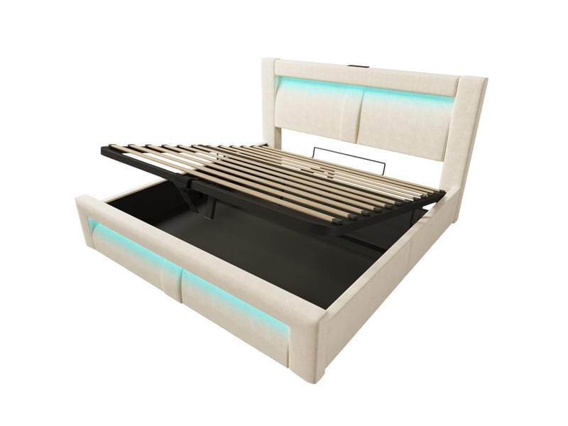 Lit coffre 160x200 cm beige en velours, rangement hydraulique, led, usb-c et matelas inclus - Conforama D