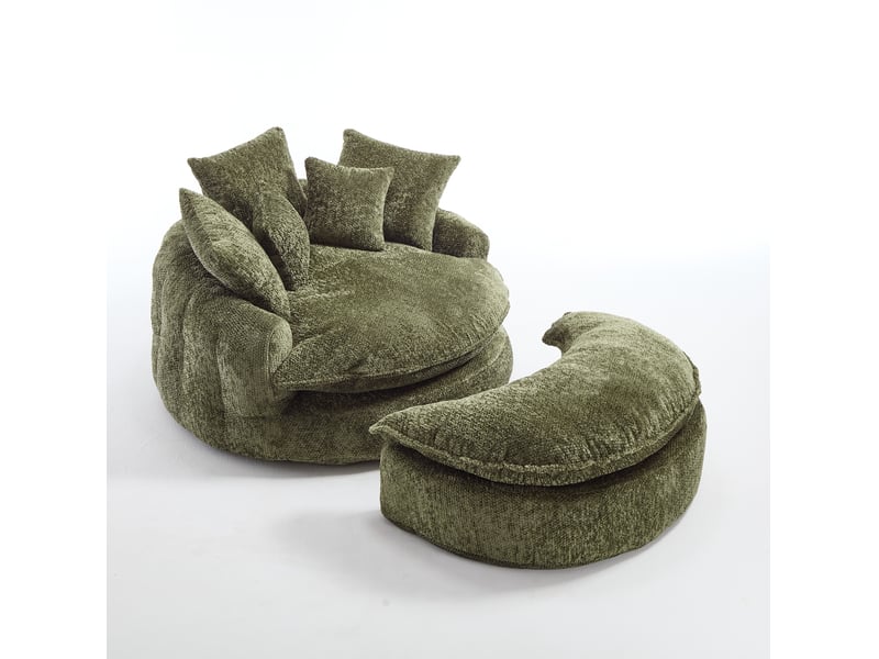  Fauteuil rond surdimensionné 138x190.5x63 cm, dossier large, coussins inclus, mousse dense, polyester, vert olive  - Conforama A