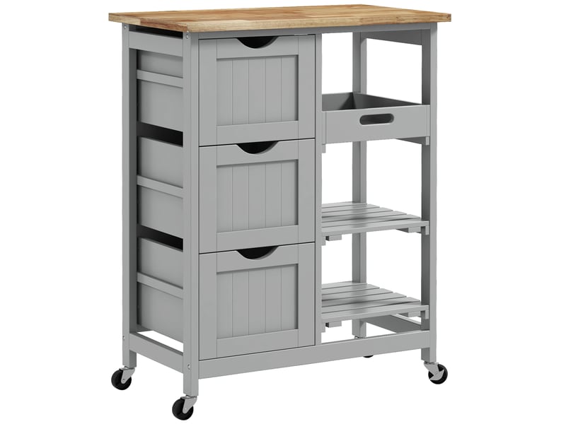  Chariot desserte de cuisine à roulettes plan de travail en bois 3 tiroirs et 1 plateau amovible 67 x 37 x 85,5 cm gris  - Conforama B