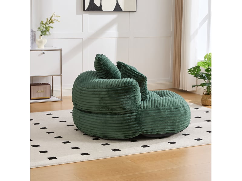 Fauteuil pouf avec dossier haut et accoudoirs, assise confortable en velours côtelé vert émeraude, 108 × 108 × 52 cm - Conforama C