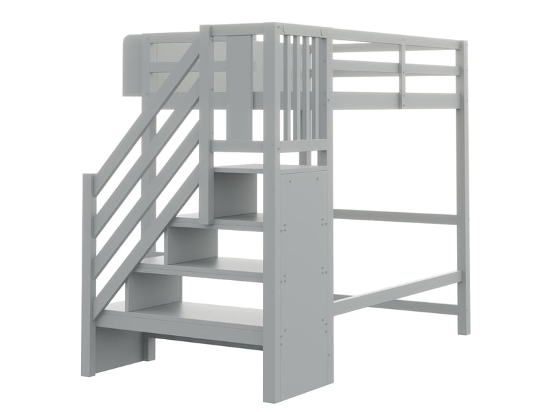  Lit mezzanine multifonction gris 90x200 cm, barrière avec rangement, échelle, led et espace ouvert  - Conforama E