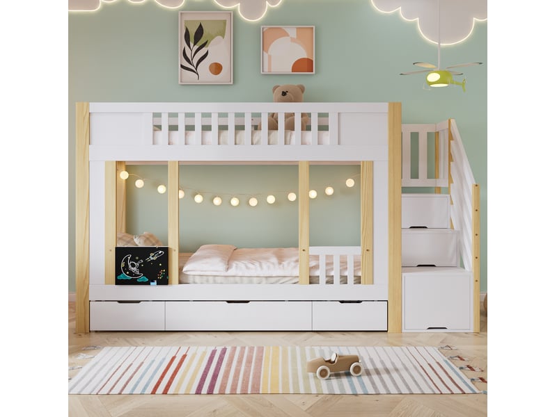  Lit superposé enfant 90x200 cm blanc et naturel avec rangement et 3 tiroirs  - Conforama D