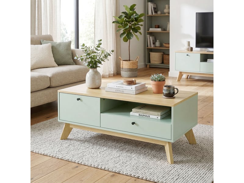  Table basse de salon, table d'appoint rectangulaire avec tiroir, vert clair et chêne, porte et compartiment ouvert  - Conforama A