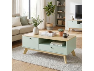 Table basse de salon, table d'appoint rectangulaire avec tiroir, vert clair et chêne, porte et compartiment ouvert