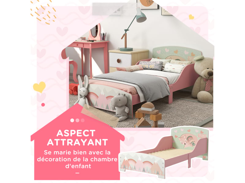  Lit pour enfant 3-6 ans avec barrières de sécurité et motifs sommier à lattes inclus - rose dim. 77 x 143 x 60 cm  - Conforama A