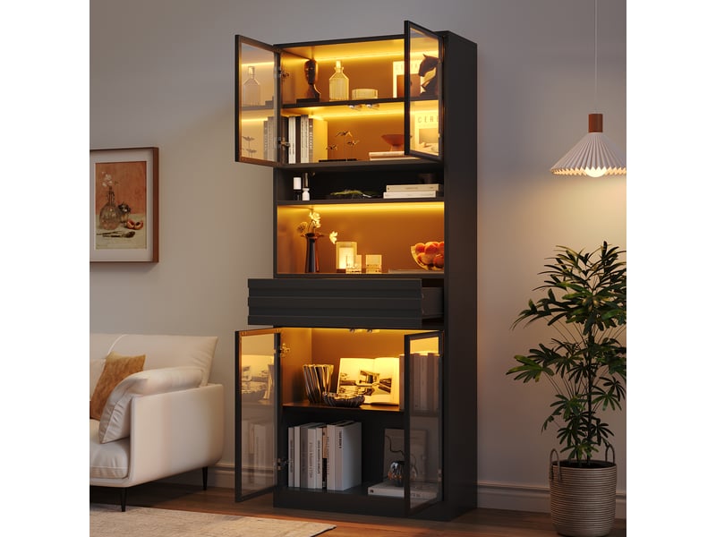 Vitrine noire mdf 80x35x200 cm, meuble à 4 portes en verre et 1 tiroir, rangement moderne pour salon - Conforama B