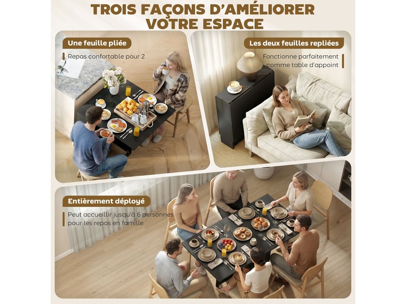  Table pliante de cuisine salle à manger amovible sur roulettes 75 x 140 x 74 cm noir coloris  - Conforama A