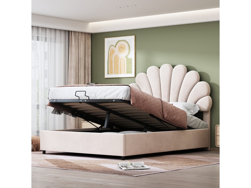  Lit coffre rembourré 2 places 140x200 cm avec rangement hydraulique, tête de lit fleur réglable en hauteur, sommier à lattes, velours beige  - Conforama C