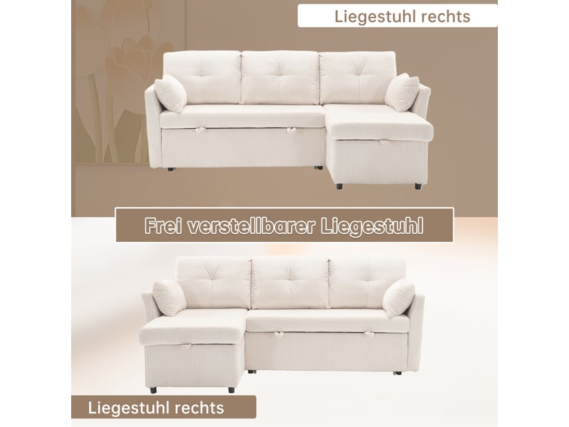 Canapé d'angle convertible 3 places,206x108x66cm,canapé-lit 3 places envelours côtelé avec lit gigogne,méridienne réversible rangement,beige - Conforama E