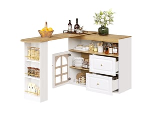 Meuble bar tournant extensible 138-204x39x104 cm porte en verre trempé cintrée, 2 tiroirs, pour cuisine, en mdf, blanc
