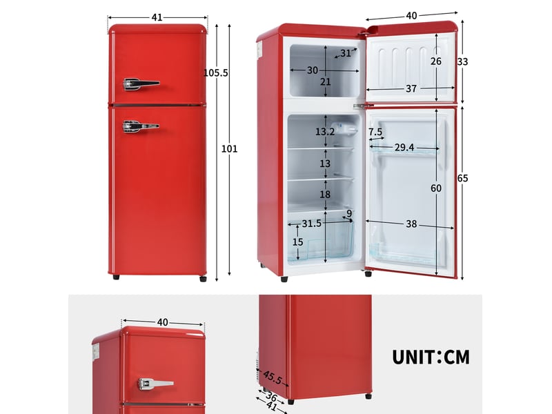  Réfrigérateur double porte rétro 105,5 x 41 x 45,5 cm rouge en plastique, 92 l, congélateur 4 étoiles  - Conforama C
