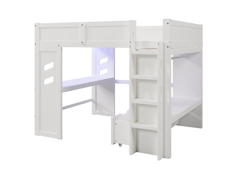 Lit mezzanine gaming blanc 140 × 200 cm, bureau, led, usb, type-c et tiroir - Conforama D