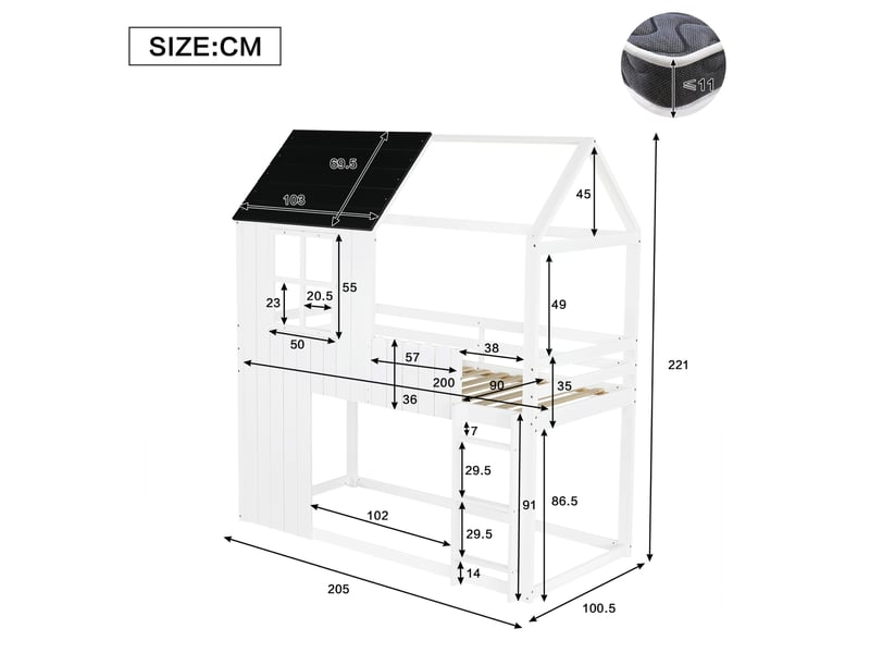  Lit mezzanine enfant 90x200 cm – blanc et noir – design maison, escalier 3 marches - sans matelas  - Conforama C