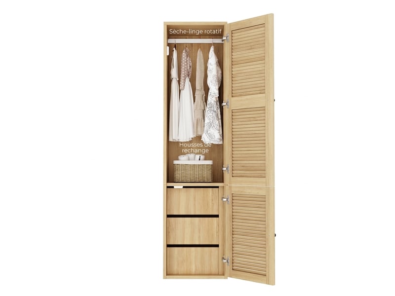  Armoire 1 porte étroite 45 cm avec penderie et 3 tiroirs, mdf et rotin, chêne  - Conforama A