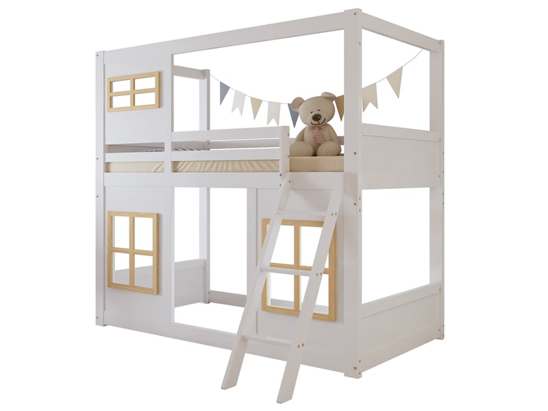  Lit superposé enfant 90x200 cm, barrières de sécurité quatre côtés, structure pin et mdf, design maison avec fenêtres, blanc et naturel  - Conforama A
