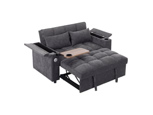 Canapé convertible 2 places 140,5 x 74 x 82 cm, dossier 3 positions, table cachée pivotante, usb-c, porte-gobelets, rangement, tissu gris au salon