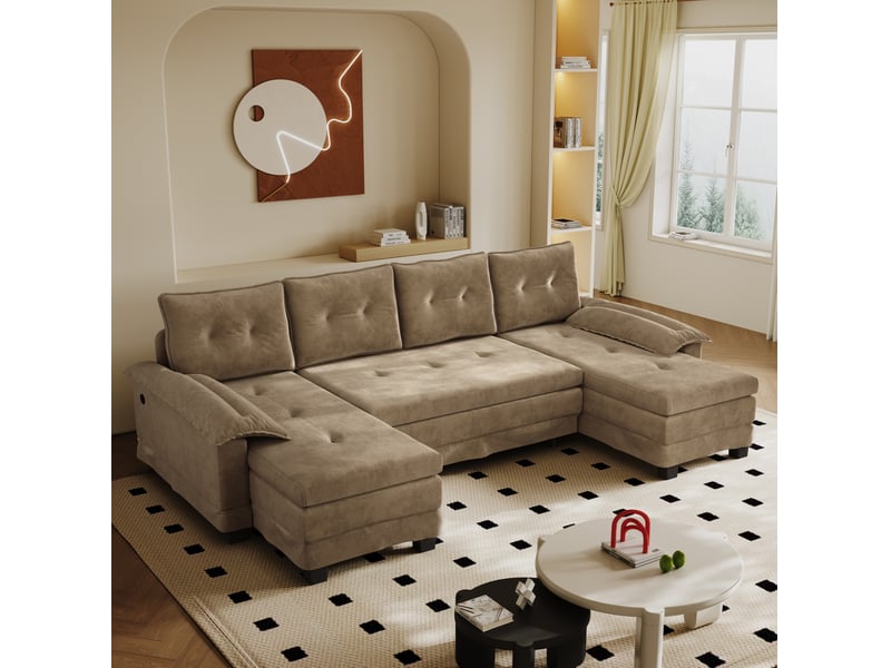 Canapé-lit modulable en u 278x127x87 cm avec ports usb kaki sans matelas - Conforama C