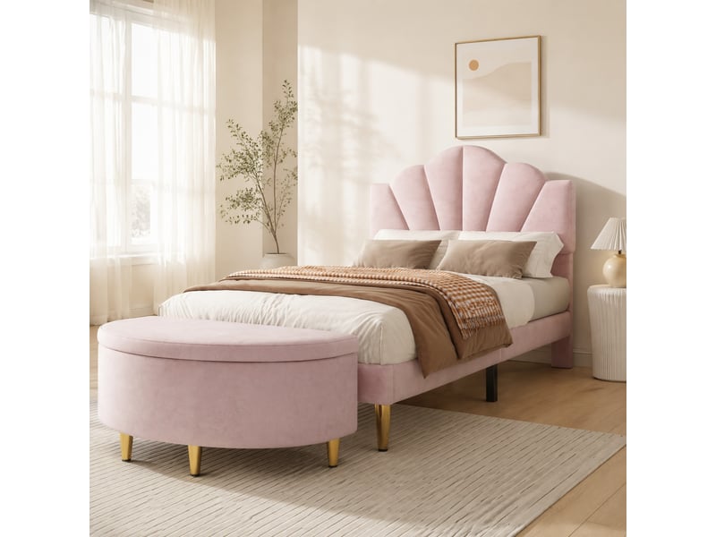  Lit rembourré tcqpz 90 x 200 cm rose velours tête de lit réglable banc de rangement pieds en fer doré sommier à lattes en bois  - Conforama B