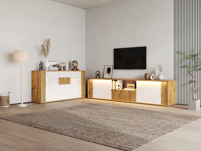 Ensemble meubles de salon 2 pièces, meuble tv 180 cm avec led bluetooth & buffet 140 cm, blanc brillant et bois, tv 75 pouces - Conforama C