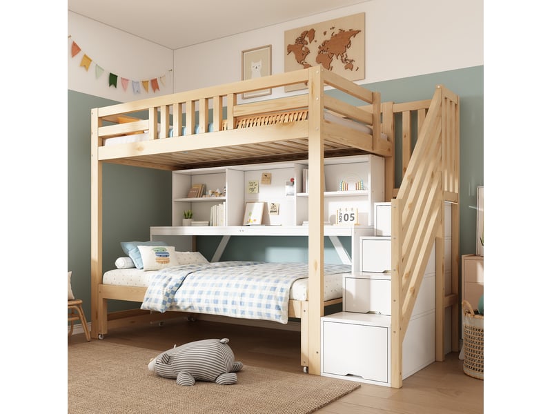  Lit superposé modenvie avec lit gigogne, bureau mobile et rangements, 90 x 200 et 90 x 190 cm, blanc et chêne  - Conforama D