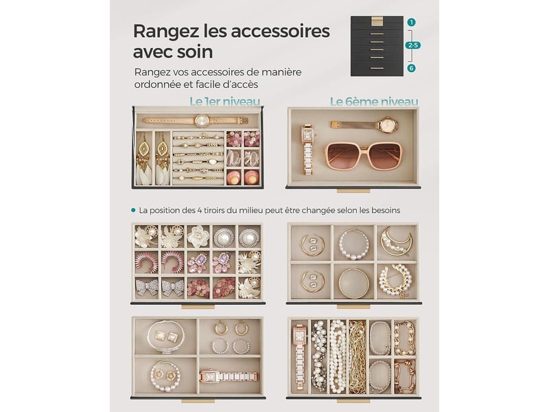 Songmics boîte à bijoux, écrin à accessoires 6 niveaux, coffre de rangement, couvercle en verre, 5 tiroirs, pour lunettes de soleil, rangement pour bijoux, moderne, noir graphite et doré 6 Niveaux - Conforama D