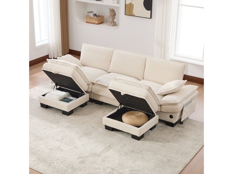  Canapé d'angle panoramique fixe 3 places tissu beige  - Conforama D