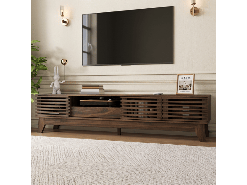  Meuble tv noyer 150 cm en mdf avec portes à persiennes et tiroir  - Conforama E