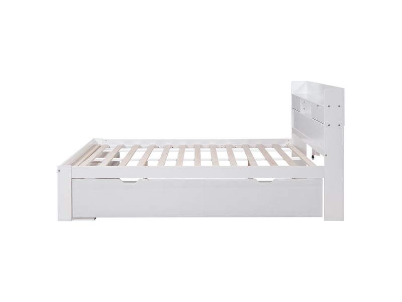 Lit double, 140 x 190 cm, avec port usb, tiroirs et armoire de rangement, lit enfant, lit ado, lit multifonctionnel, grand espace de rangement, sans matelas, blanc  - Conforama E