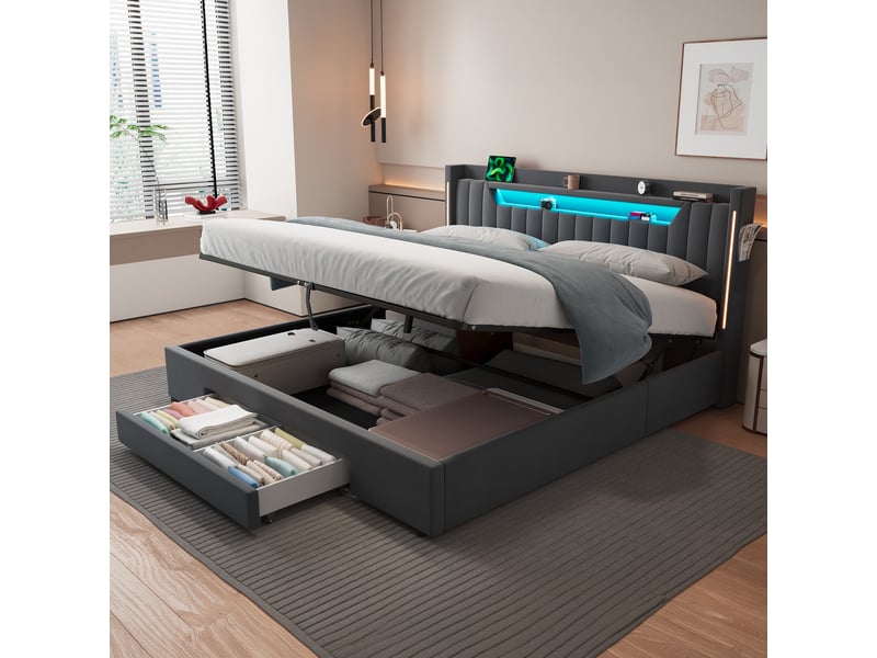  Lit double,180x200 cm,avec polsterauflage stauraum sous le lit avec schubladen,gris  - Conforama B